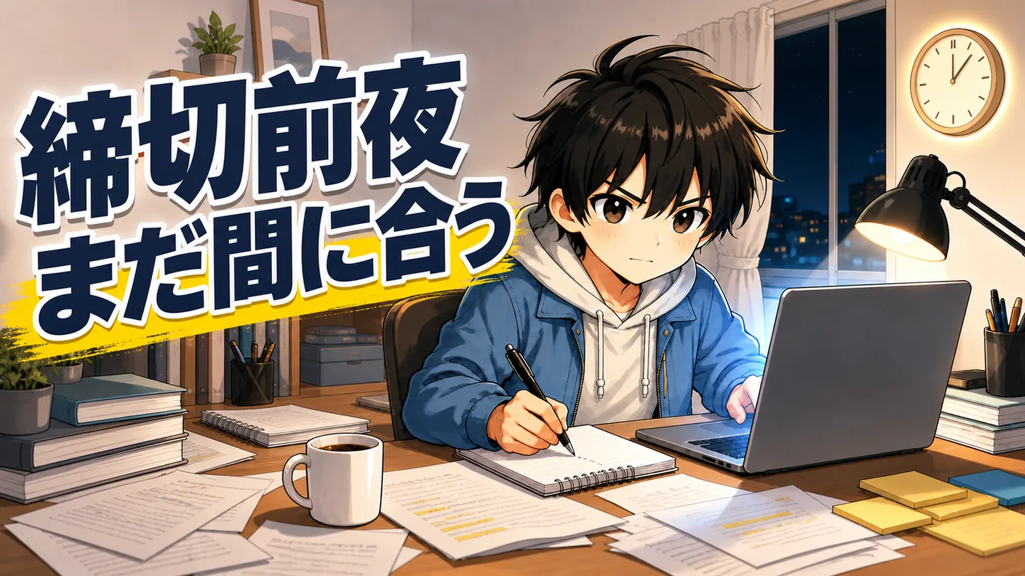 深夜にノートPCでレポートを進める大学生