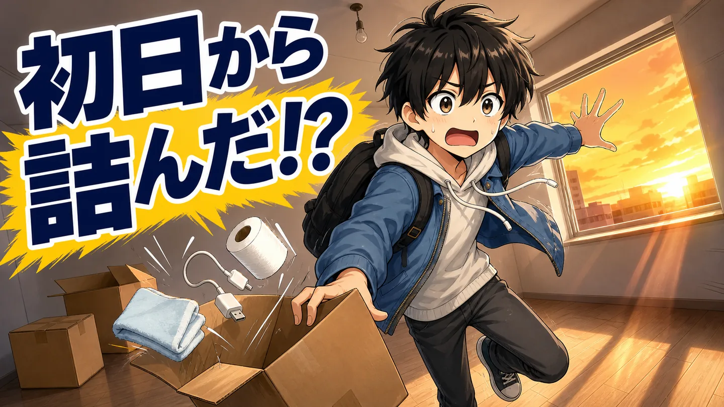 段ボールだけが置かれた入居直後の空っぽの部屋に立つ大学生