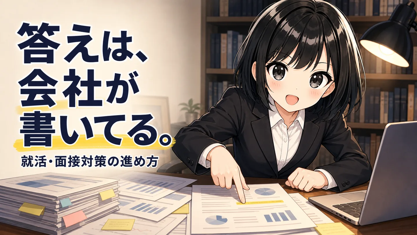 リクルートスーツで企業の決算資料と採用サイトを読み込んでいる大学生