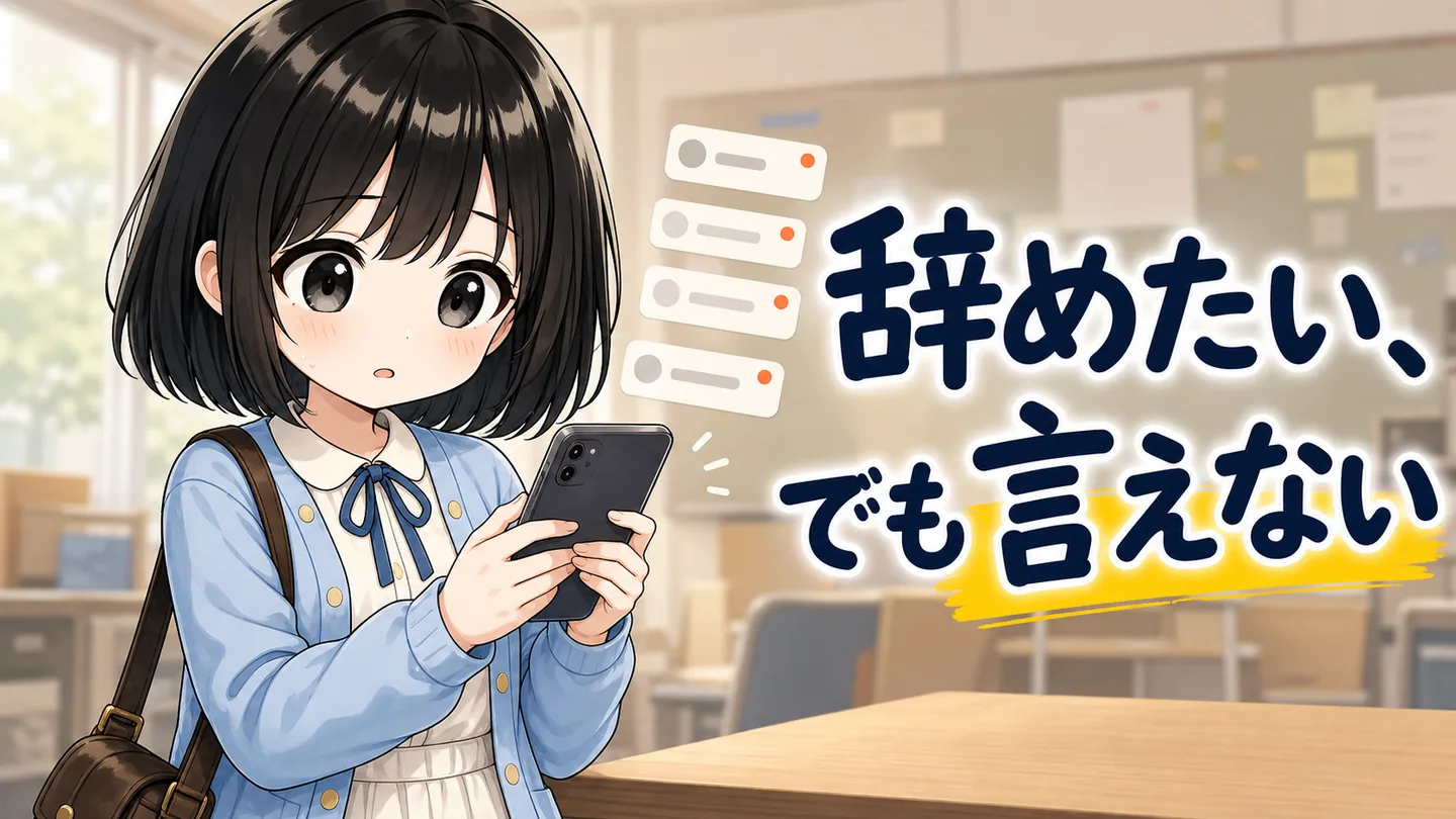 サークルの通知が並んだスマホの画面を見て、返信を迷っている大学生
