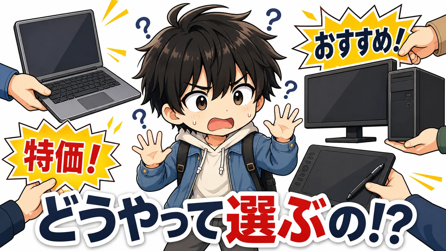ノートPC・デスクトップ・タブレットを机に並べて決めかねている大学生