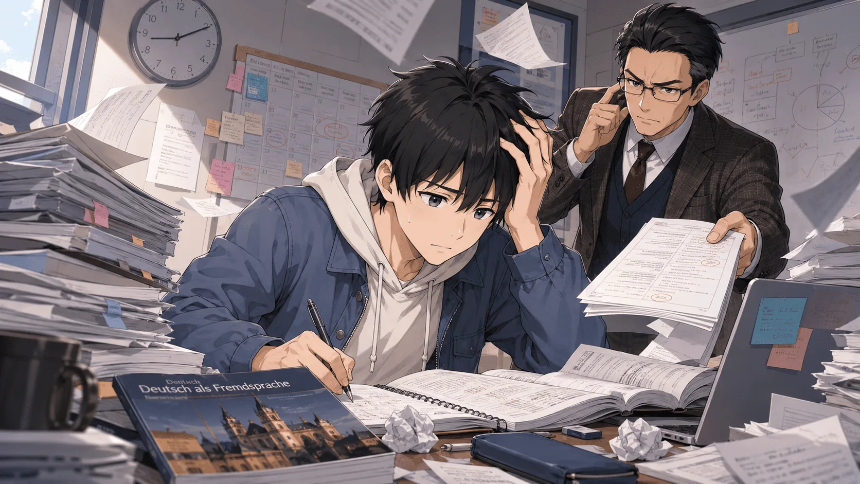 第8週に中間、第15週に期末(ドイツ語)。第3・7・11週にはレポートの締切が牙を剥く。